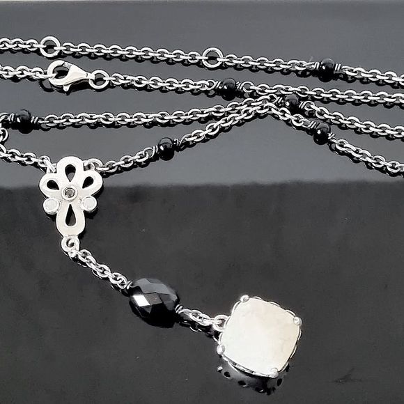 PANDORA Sincerity Sterling Silver Y Drop Mother of Pearl Onyx Station Necklace - Picture 9 of 12